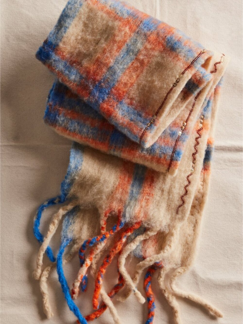 Free People Cream Scarf with Blue and Orange Plaid - Picture 4 of 5